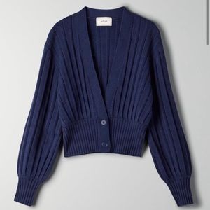 Wilfred Navy Plunge Front Cardigan | Aritzia
